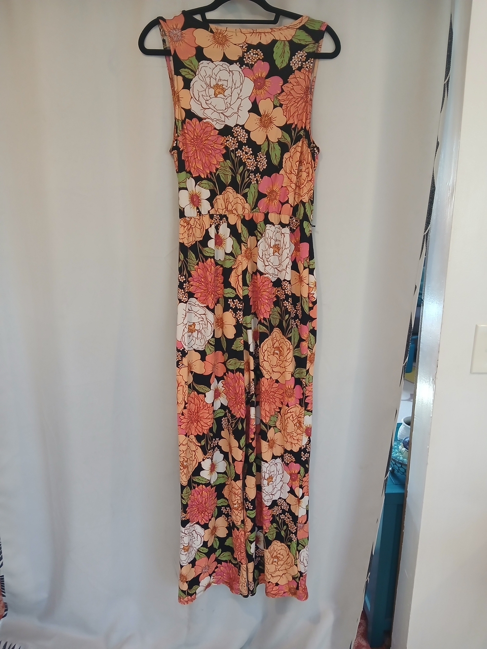 Derek Heart Black Floral Sleeveless Wrap Jumpsuit with Peach and Pink Blooms - Picture 4 of 4